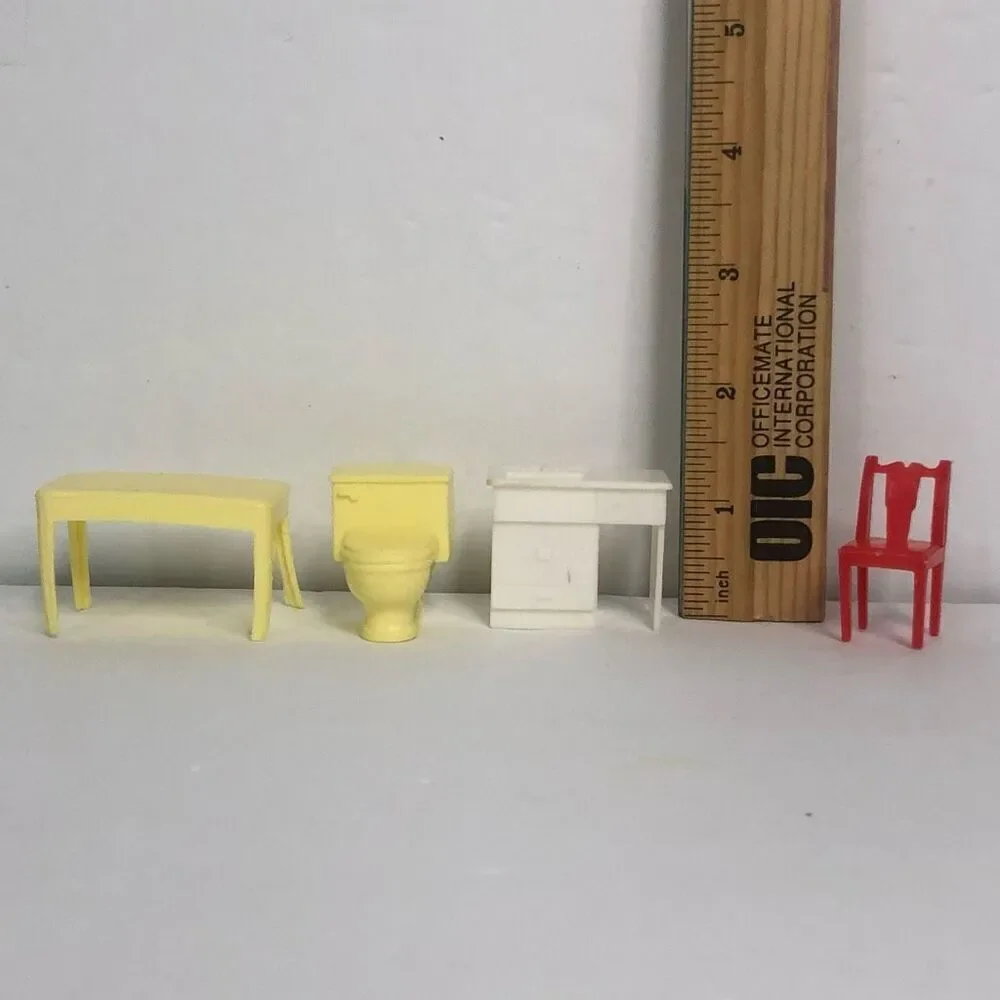 vintage dollhouse furniture plastic kitchen bathroom yellow red white miniatures